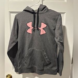 Under Armour hoodie, heathered gray with pink logo, lightly worn.